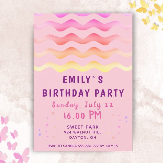 Invitation Rainbow Waves Fille rose fête d'anniversaire