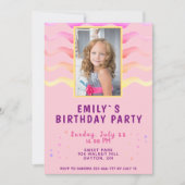 Invitation Rainbow Waves Rose Girl Photo Anniversaire (Devant)