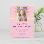 Invitation Rainbow Waves Rose Girl Photo Anniversaire (Debout devant)