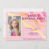 Invitation Rainbow Waves Stars Rose Girl Photo Anniversaire (Devant)