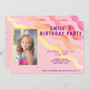 Invitation Rainbow Waves Stars Rose Girl Photo Anniversaire