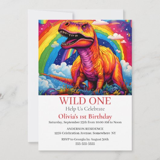 Invitation Rainbow Wild Un anniversaire T Rex thème (Devant)