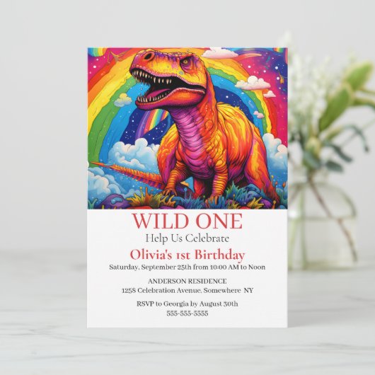 Invitation Rainbow Wild Un anniversaire T Rex thème (Debout devant)
