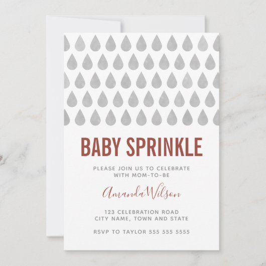Invitation Raindrop Terracotta Gris Aquarelle Bébé Parsemer (Devant)