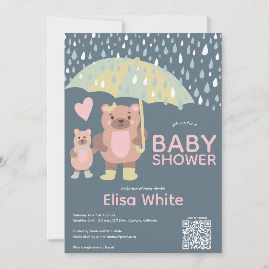 Invitation Raindrops Mama & Baby Bear QR CODE Douche personna (Devant)