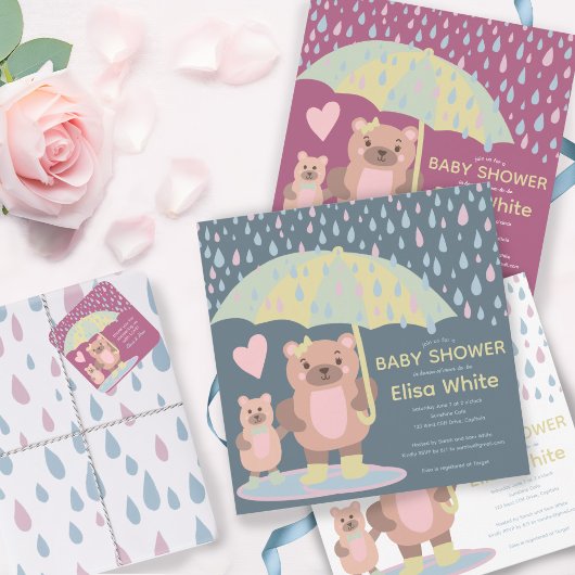 Invitation Raindrops Puddles Mama & Baby Bear Douche personna