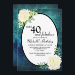 Invitation Raisins de Roses turquoises et blanches 40e annive<br><div class="desc">Aquarelle grunge turquoise et blanche 40e anniversaire invitation / "40 et fabuleux" avec roses blanches et raisins.</div>