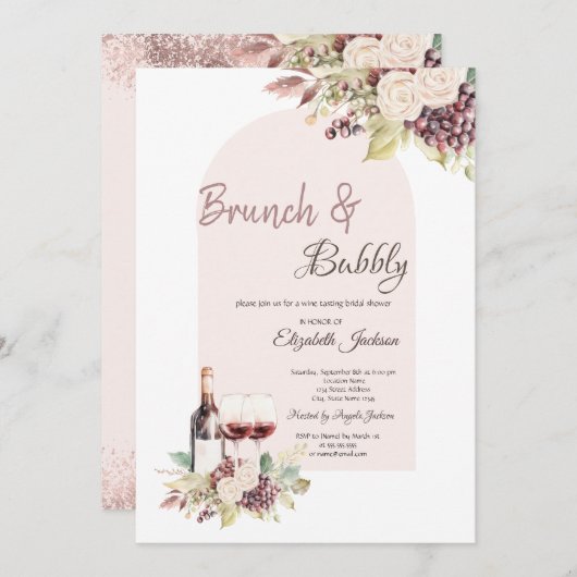 Invitation Raisins de vin Boho Fleurs Brunch & Bubbly (Devant / Derrière)
