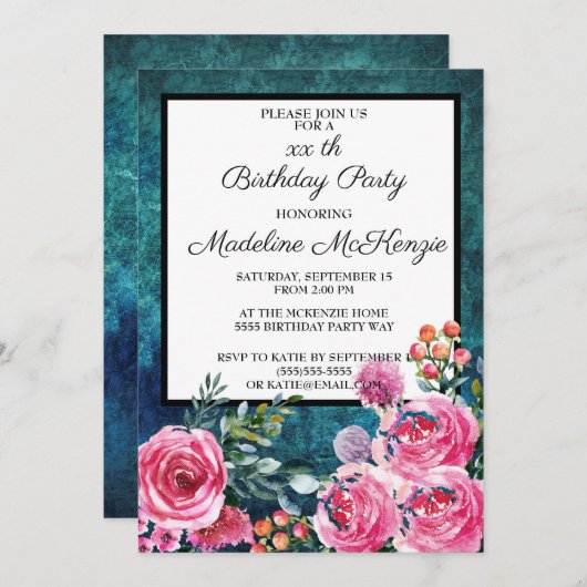 Invitation Raisins rose turquoise fête d'anniversaire (Devant / Derrière)