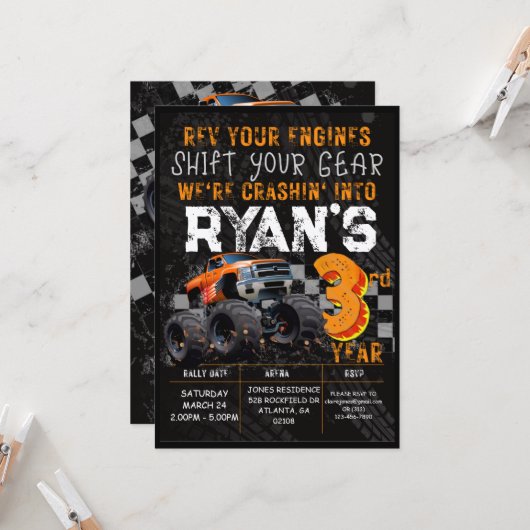 Invitation Rallye Camion Enfants Monster 3e fête d'anniversai (Devant/Arrière en situation)