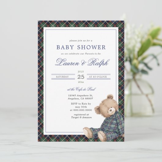 Invitation Ralph Plaid Teddy Bear Boy Navy Preppy Baby Shower (Debout devant)
