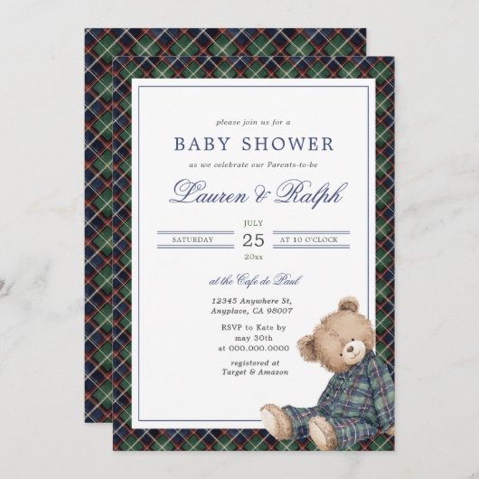 Invitation Ralph Plaid Teddy Bear Boy Navy Preppy Baby Shower (Devant / Derrière)