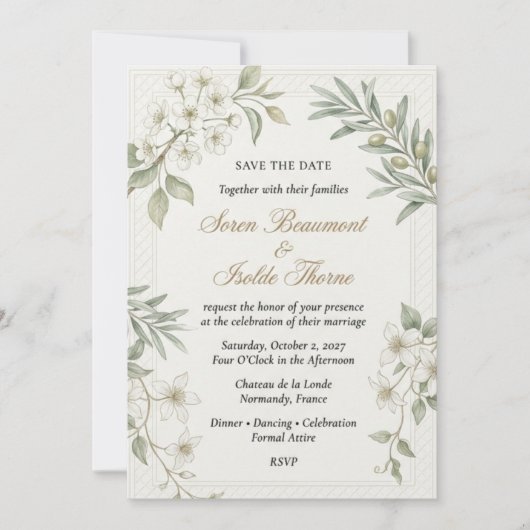 Invitation Rameaux d'olivier, Fleurs blanches, Cadre à bordur (Devant)