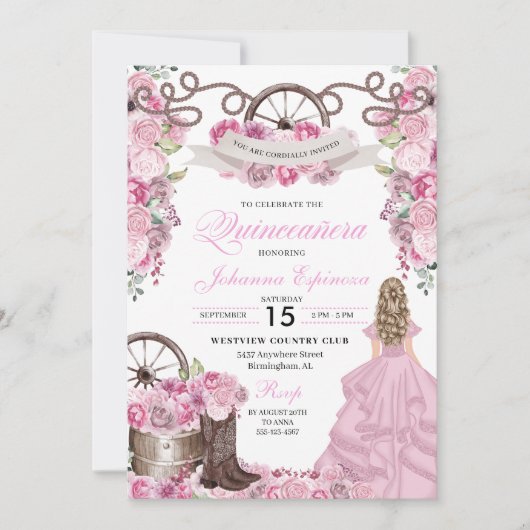 Invitation Ranchero Quinceanera rose rose occidentale (Devant)