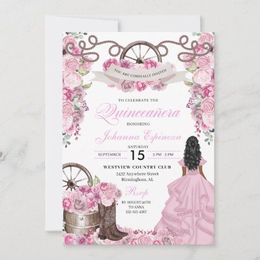 Invitation Ranchero Quinceanera rose rose occidentale (Devant)