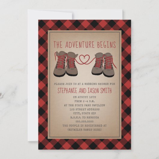 Invitation Randonnées Boots Adventure Plaid Wedding shower (Devant)