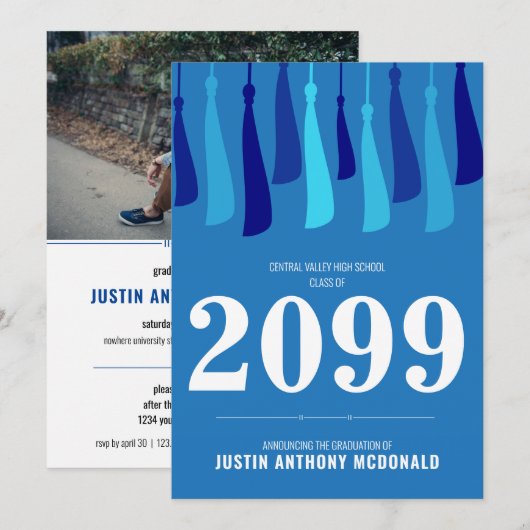 Invitation Rangée bleue de glands Photo remise de diplômes (Devant / Derrière)