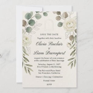 Invitation Ranunculus blanc, Eucalyptus, Branche d'Olivier, A