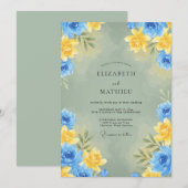 Invitation Ranunculus Canari Bleuet Eucalyptus Mariage (Devant / Derrière)