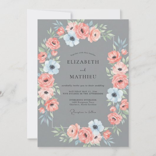 Invitation Ranunculus Corail Ardoise Eucalyptus Douce Mariage (Devant)