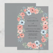 Invitation Ranunculus Corail Ardoise Eucalyptus Douce Mariage (Devant / Derrière)