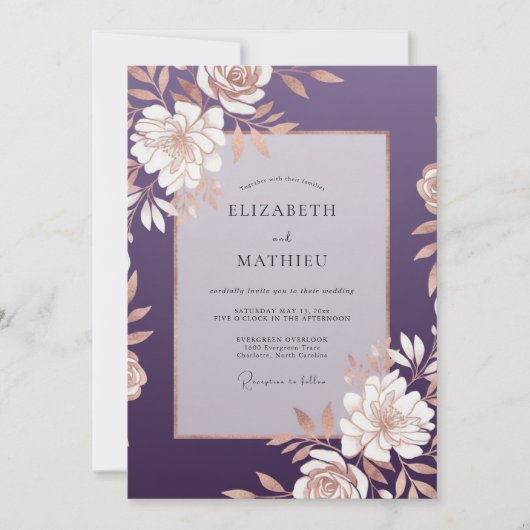 Invitation Ranunculus doré prune et mariage à l'eucalyptus do (Devant)