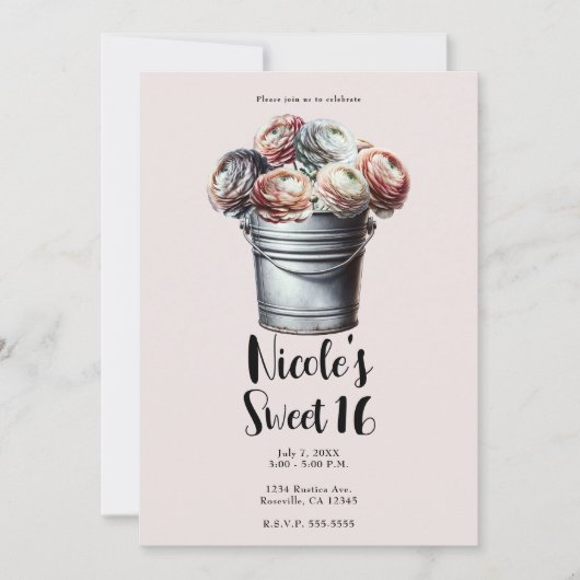 Invitation Ranunculus en Pail Tin Rustique Glam Rose Sweet 16 (Devant)