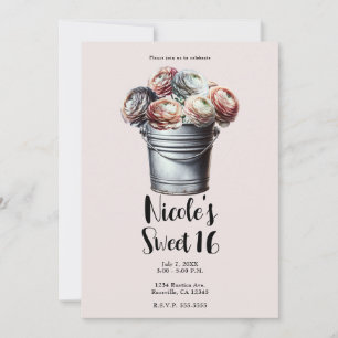 Invitation Ranunculus en Pail Tin Rustique Glam Rose Sweet 16