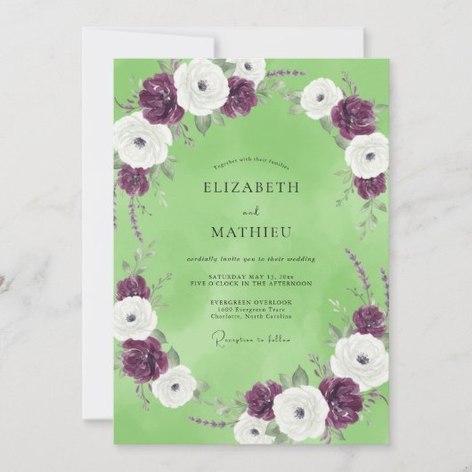 Invitation Ranunculus Eucalyptus Mariage au Prune Pistache (Devant)
