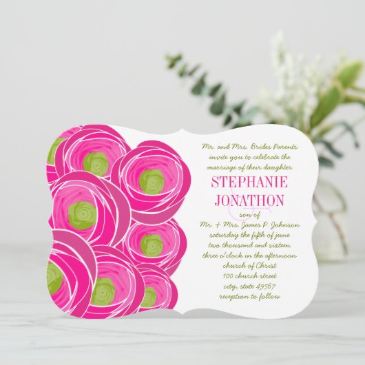 Invitation Ranunculus Rose Lime Fuchsia Mariage moderne Invit (Debout devant)