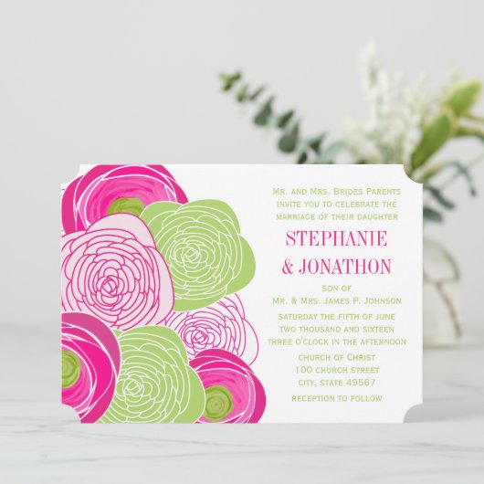 Invitation Ranunculus Rose Lime Fuchsia Mariage moderne Invit (Debout devant)