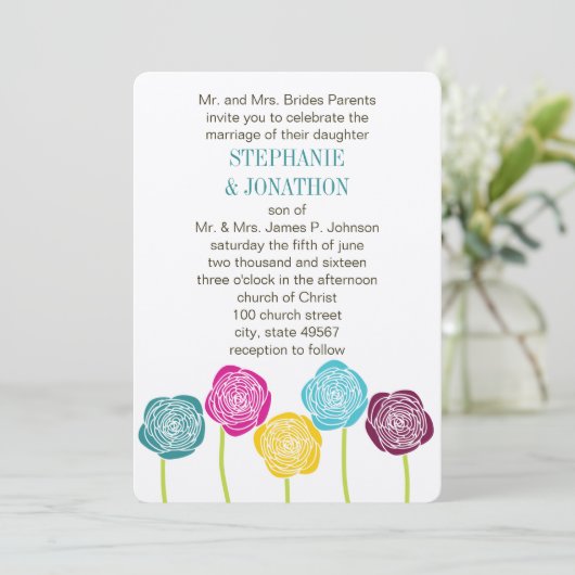 Invitation Ranunculus Rose Turquoise violet rose jaune Mariag (Debout devant)