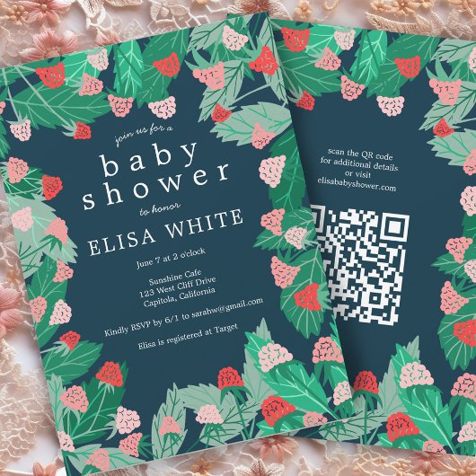Invitation Raspberry Patch Cute CUSTOM QR Code BABY SHOWER