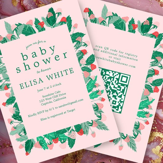Invitation Raspberry Patch Cute CUSTOM QR Code BABY SHOWER