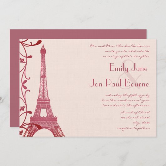 Invitation Raspberry Tour Eiffel Mariage rose Invite (Devant / Derrière)