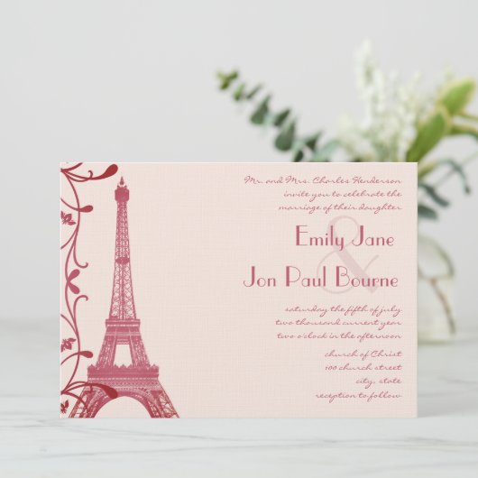 Invitation Raspberry Tour Eiffel Mariage rose Invite (Debout devant)