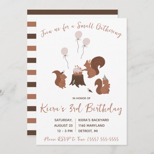 Invitation Rassemblement de petits écureuils, fête d'annivers (Devant / Derrière)