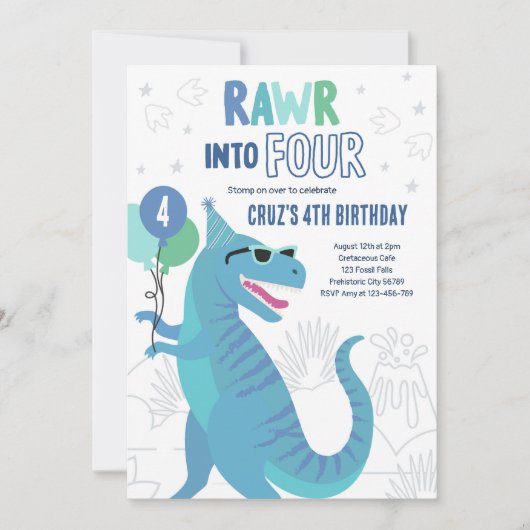 Invitation Rawr Into Four T-Rex Dinosaur 4e fête d'anniversai (Devant)