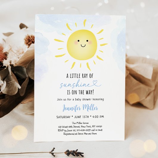 Invitation Ray of Sunshine Blue Sunshine Baby shower nuage