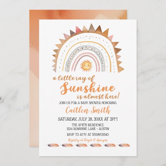 Invitation Ray of Sunshine Boho Baby shower solaire Invitatio (Devant / Derrière)