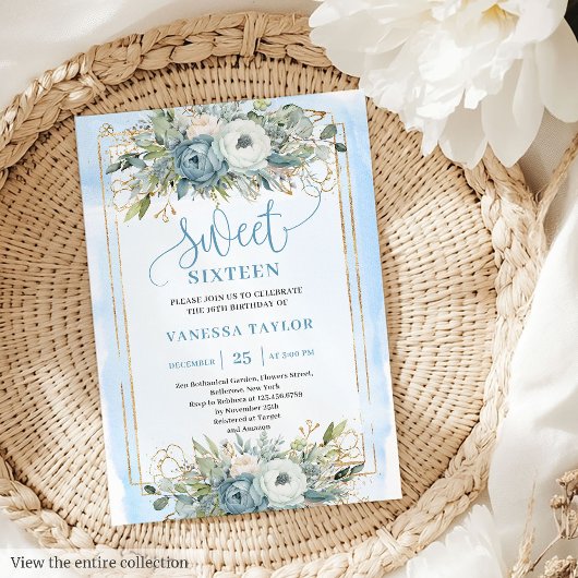 Invitation Rayant Pastel Bleu Blancs pivoines Douce 16 Invita
