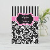 Invitation rayé blanc rose noir de mariage damassé (Debout devant)