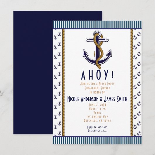 Invitation rayée bleu et blanc d'ancre nautique (Devant / Derrière)