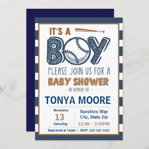 Invitation rayée bleue de baby shower de base-ball