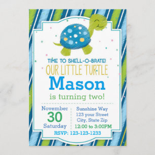 Invitation rayée d'anniversaire de tortue (bleue)