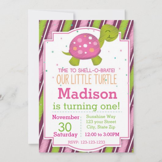 Invitation rayée d'anniversaire de tortue (rose) (Devant)