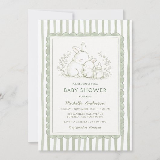 Invitation rayée pour Baby Shower avec lapin vert (Devant)