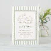 Invitation rayée pour Baby Shower avec lapin vert (Debout devant)