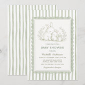 Invitation rayée pour Baby Shower avec lapin vert (Devant / Derrière)