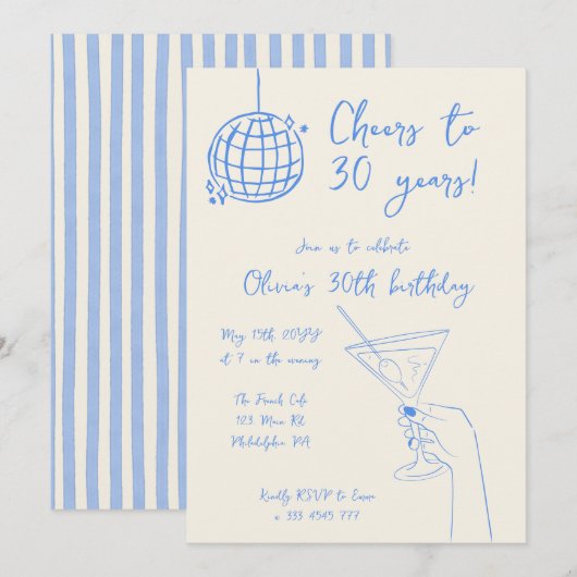 Invitation rayée pour une soirée de cocktails rétr (Devant / Derrière)
